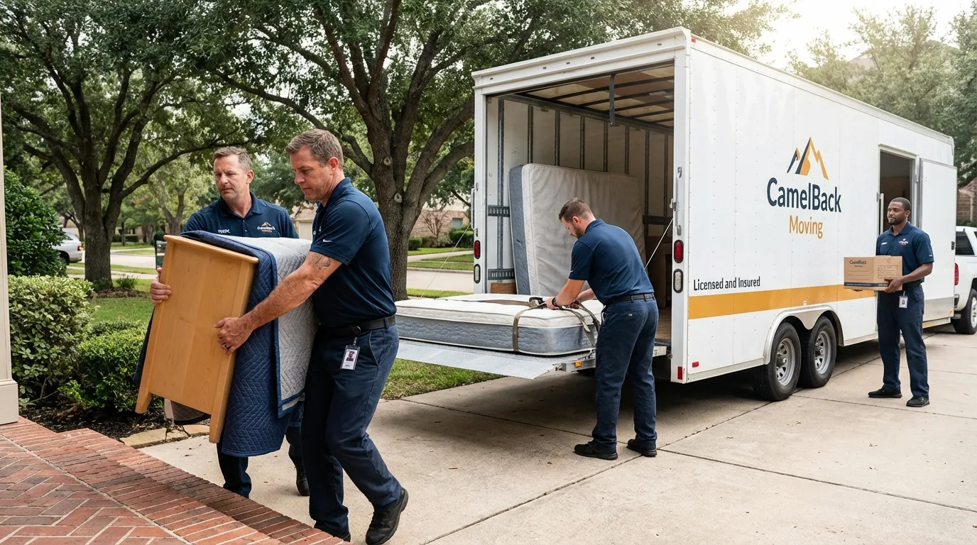 Crew loading residential truck for cross-state move from Wilmer, TX