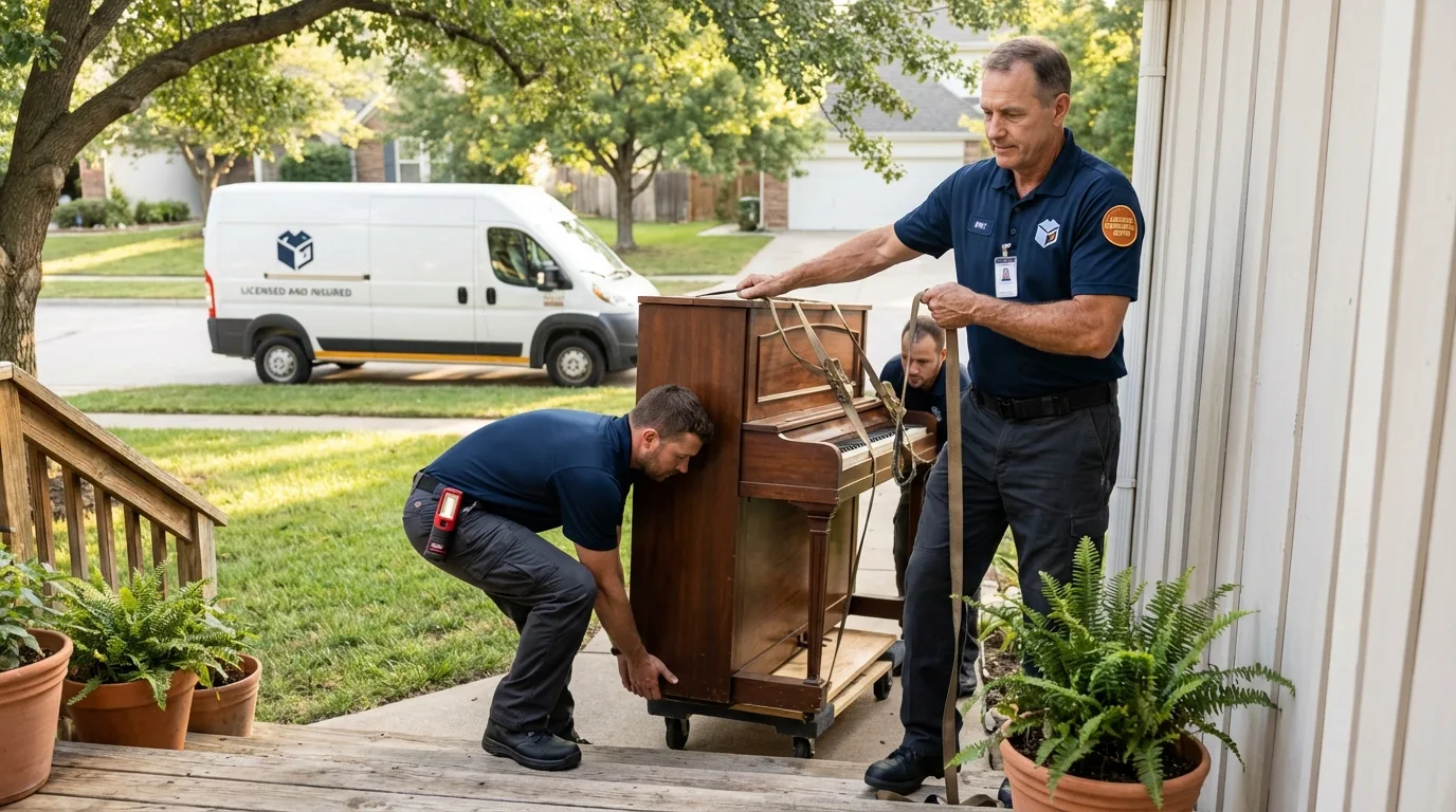 Licensed piano movers securing grand piano in Wilmer, TX