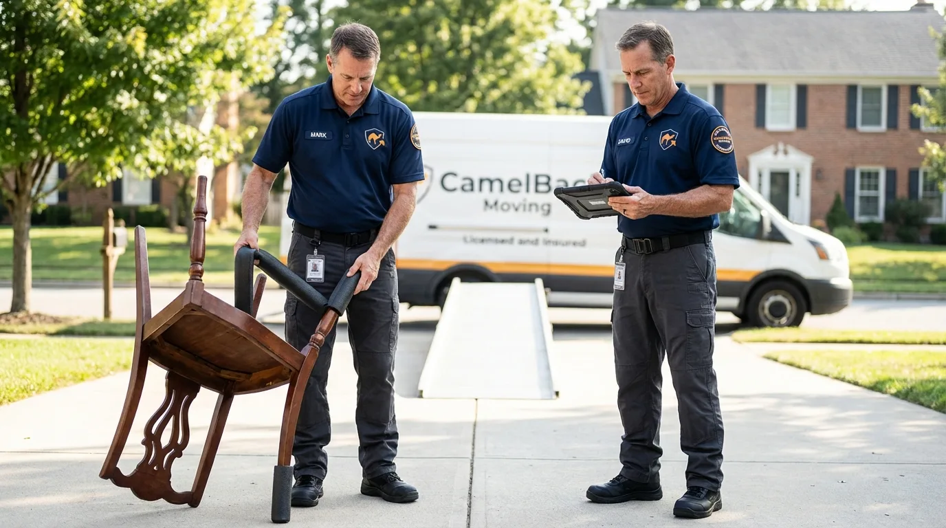 Movers inspecting furniture for damage prevention before loading in Wilmer, TX