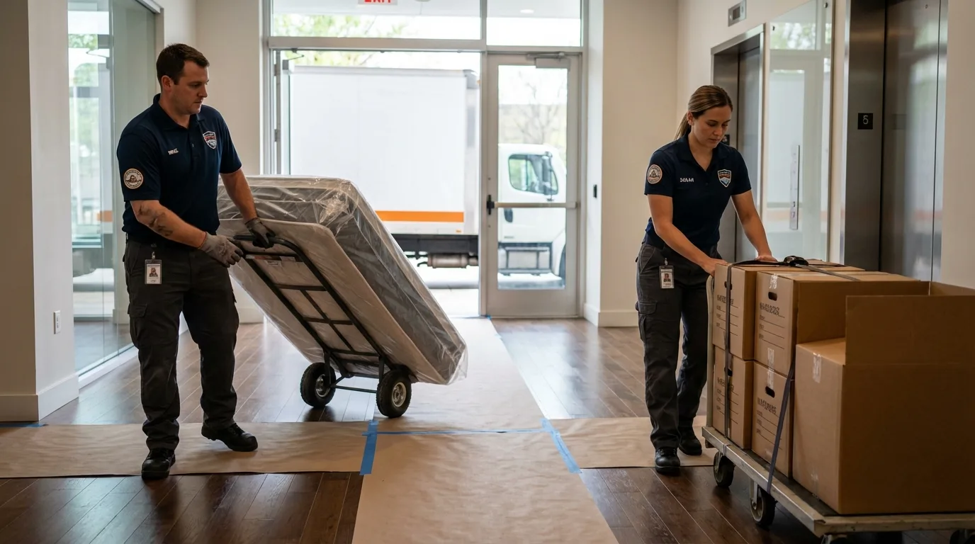 Professional apartment movers loading elevator in Wilmer, TX